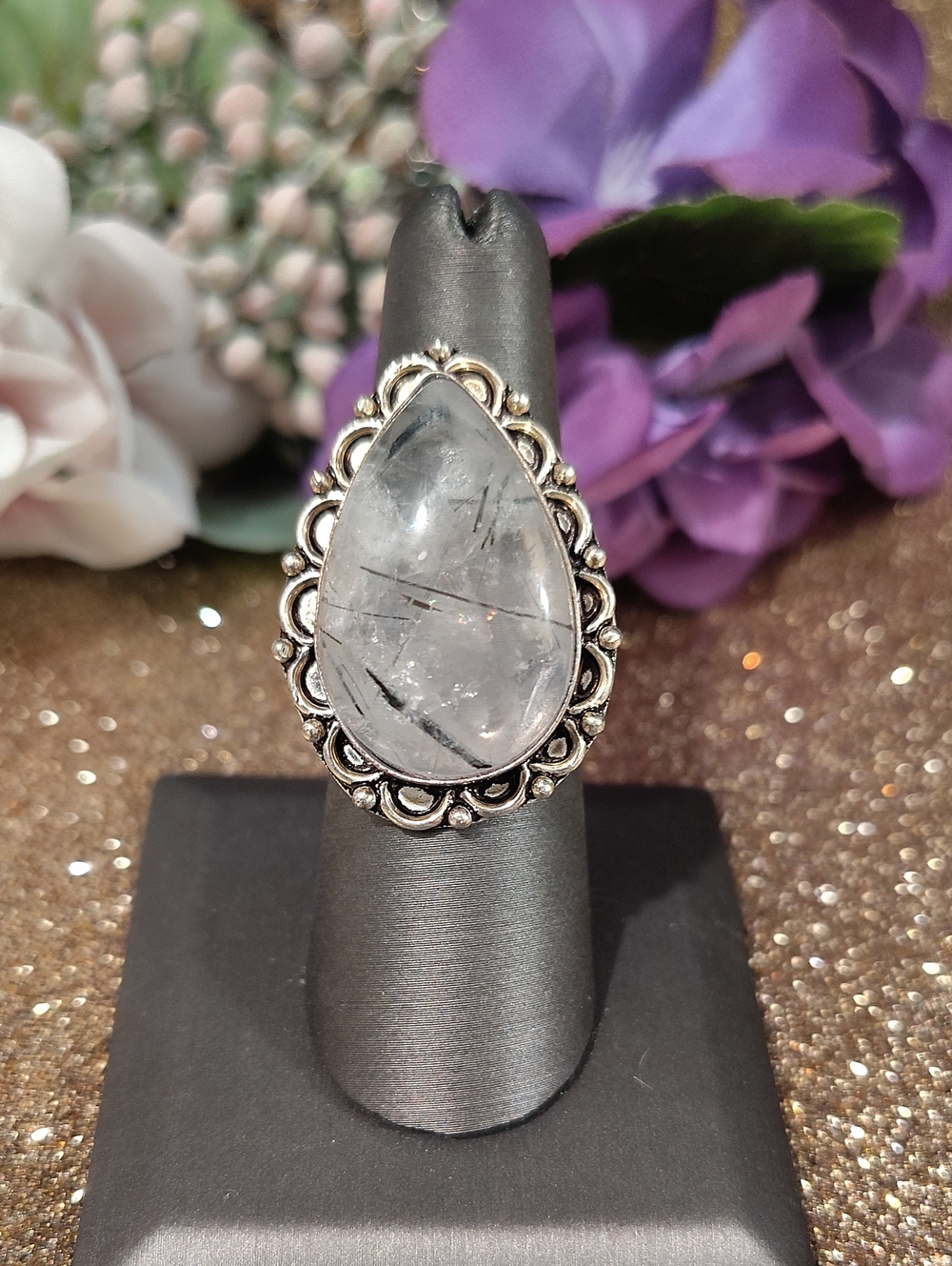 Tourmalinated Quartz Gemstone Silver Ring - Size 8 1/4